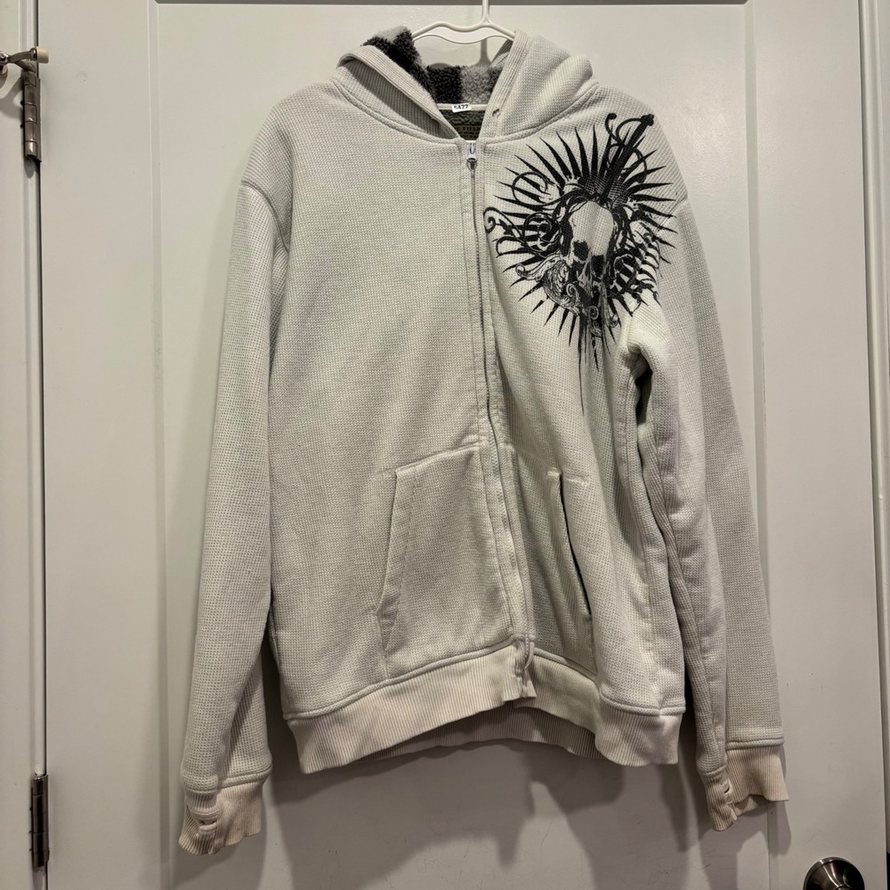 Machine Clothing Co Mens XL White Waffle Knit Sherpa Lined Skull Zip Hoodie